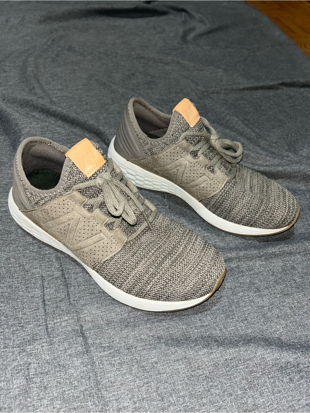 New Balance Gray Knit Men's Sneakers with Tan Accent